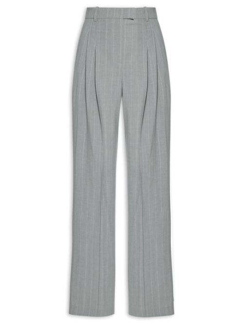 Calça Feminina Larga Em Lã Virgem Risca De Giz - Cinza