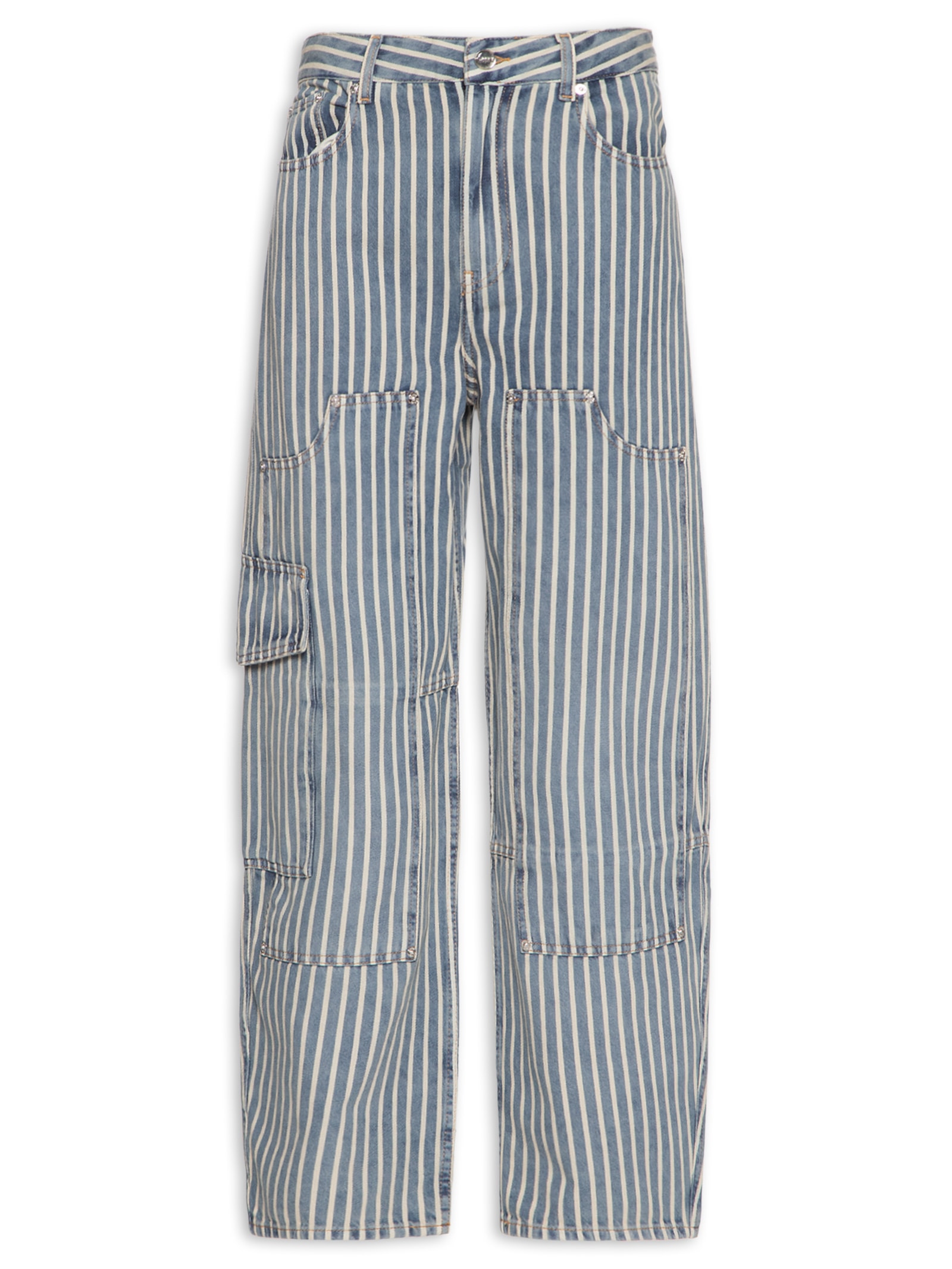 Ganni - Calça Feminina Light Stripe Denim Carpenter Jeans - Azul