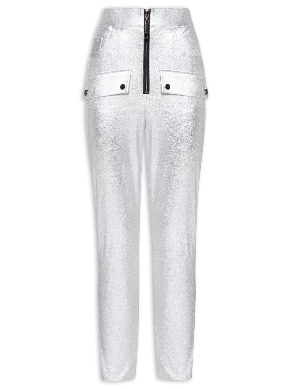 Calça Feminina Like Leather Brilho Bolso Zíper - Prata