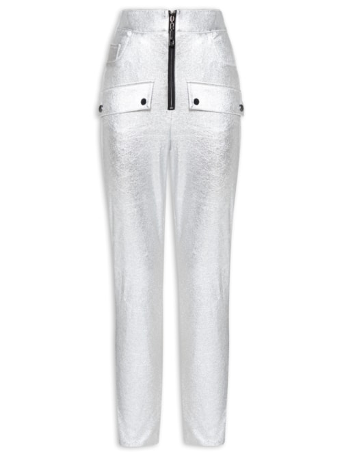 Calça Feminina Like Leather Brilho Bolso Zíper - Prata
