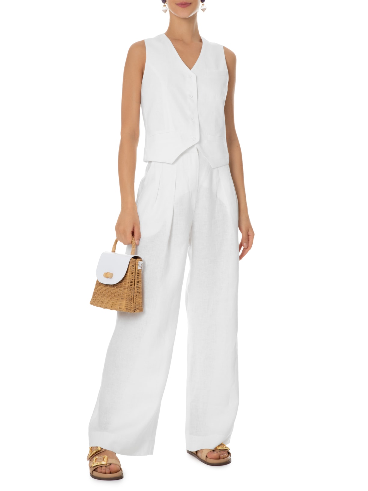 Calça Feminina Linho Ampla Pregas Branco Andrea Marques