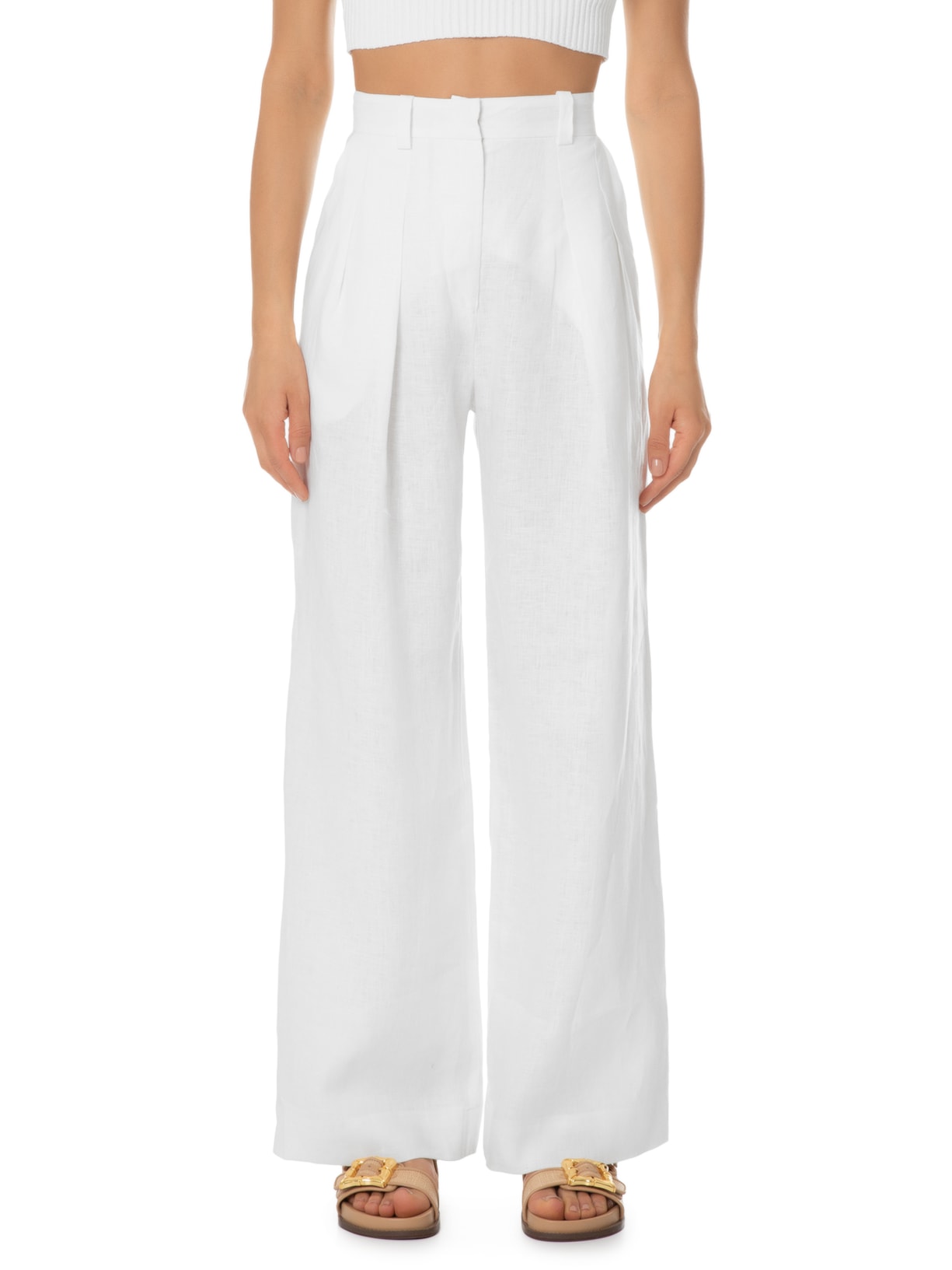 Calça Feminina Linho Ampla Pregas Branco Andrea Marques