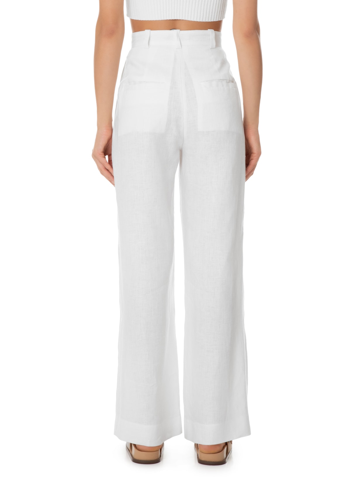 Calça Feminina Linho Ampla Pregas Branco Andrea Marques