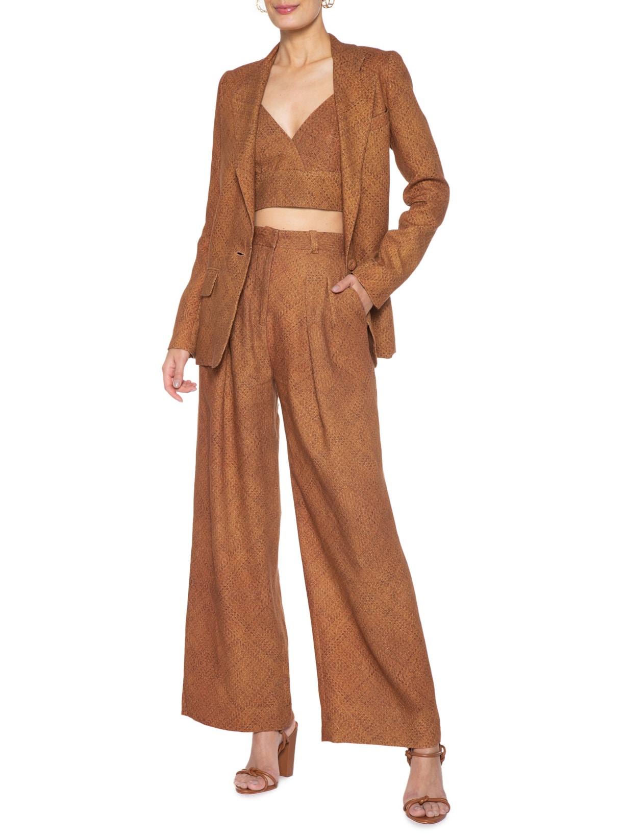 Calça Feminina Linho Ampla Pregas Marrom Andrea Marques