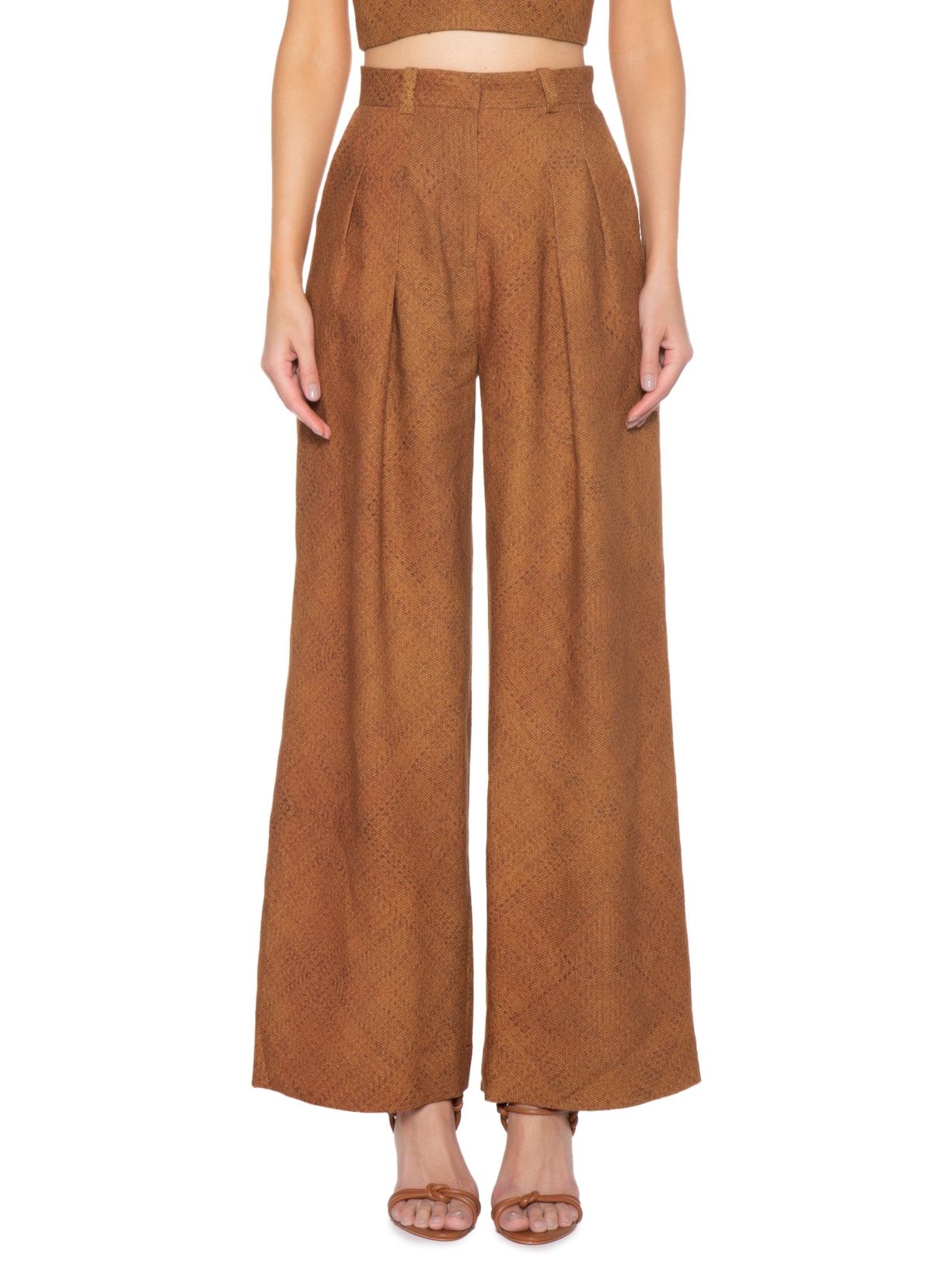 Calça Feminina Linho Ampla Pregas Marrom Andrea Marques