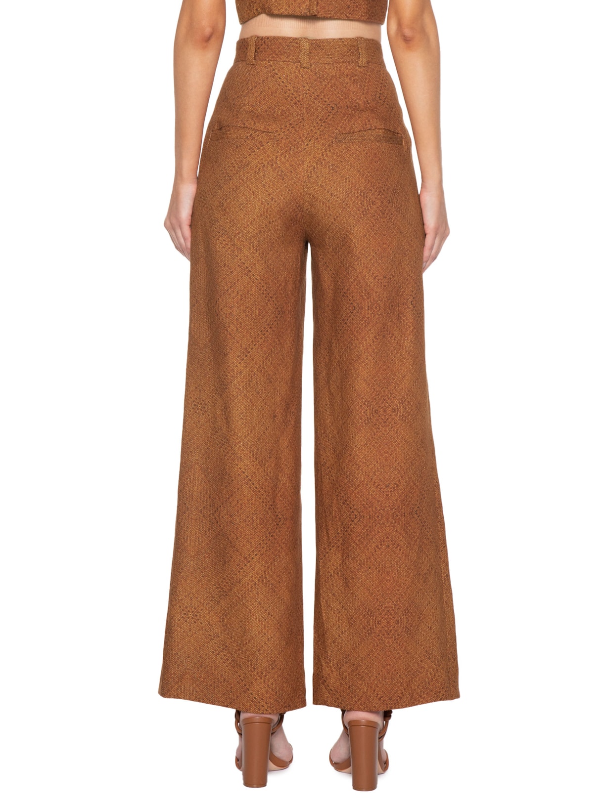 Calça Feminina Linho Ampla Pregas Marrom Andrea Marques