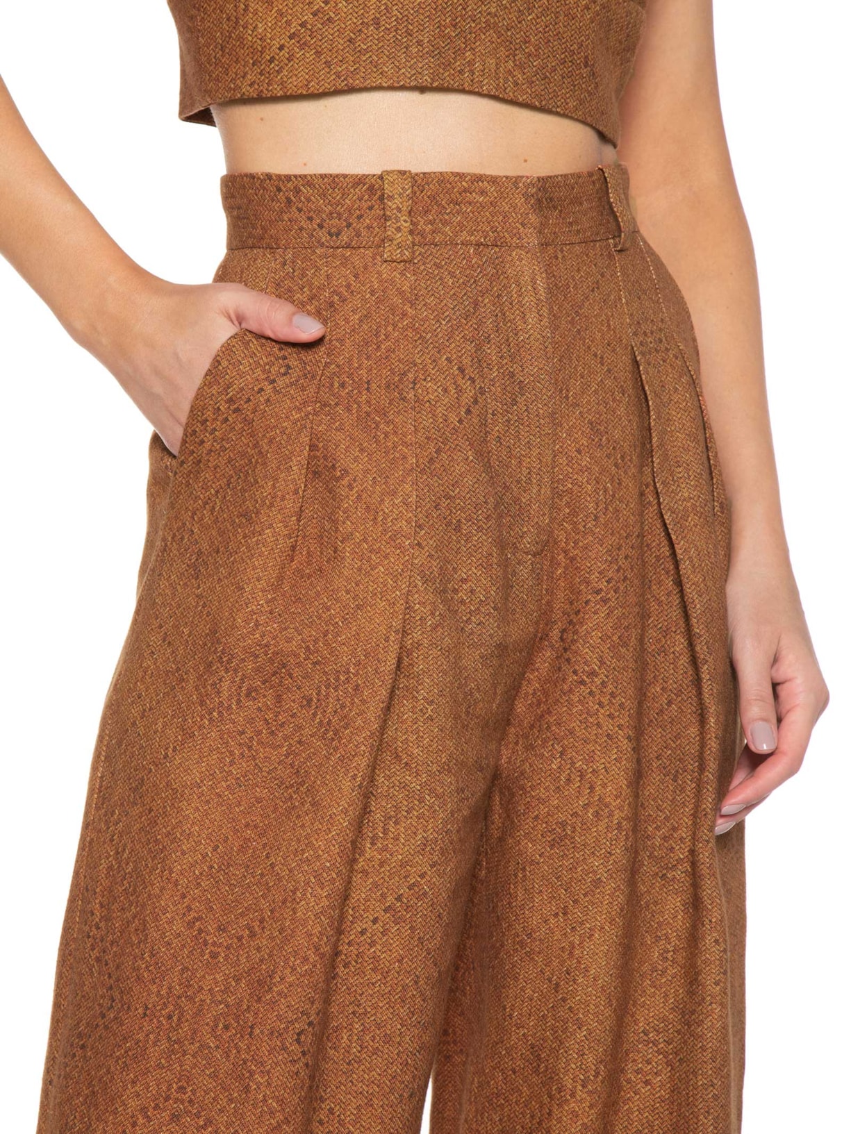 Calça Feminina Linho Ampla Pregas Marrom Andrea Marques