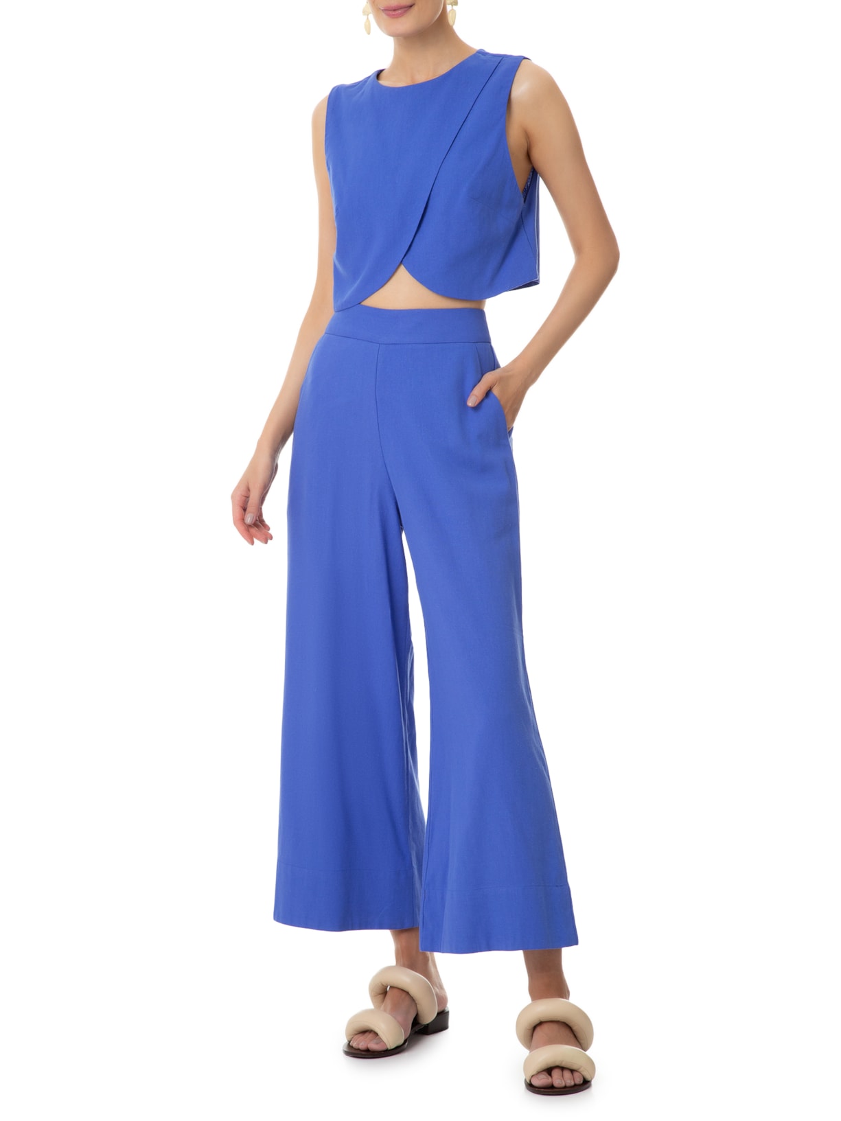 Calça Feminina Linho Bolso Faca Azul Dress To