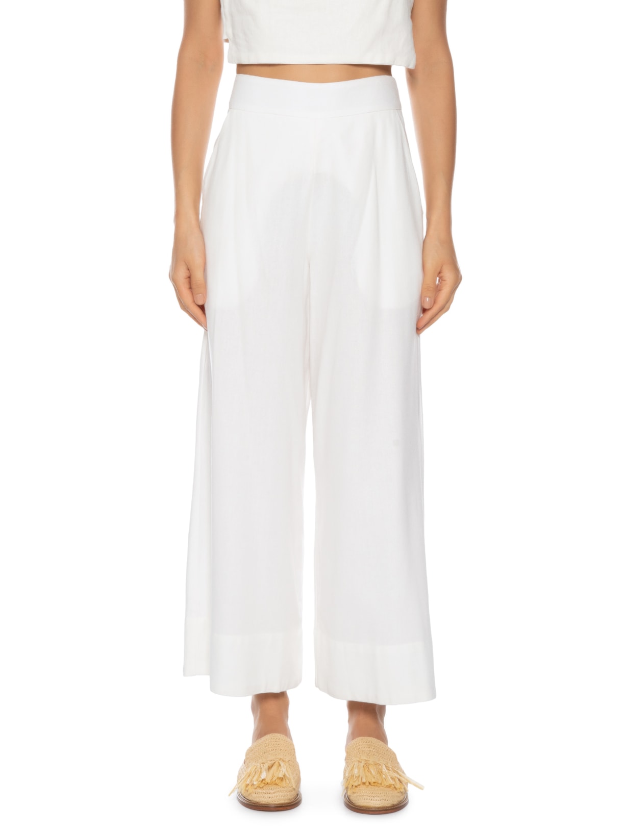 Calça Feminina Linho Bolso Faca Off White Dress To