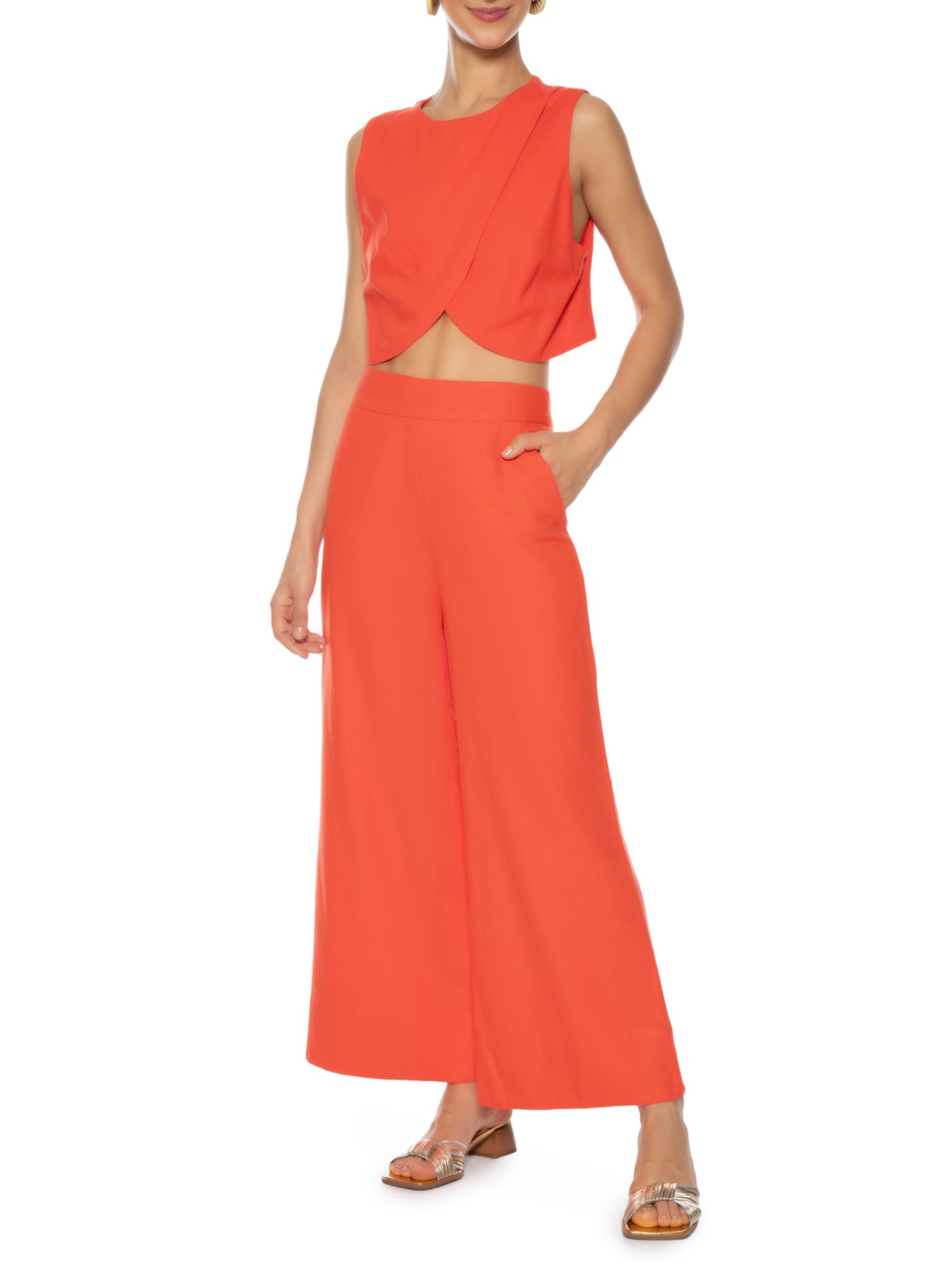 Calça Feminina Linho Bolso Faca Vermelho Dress To