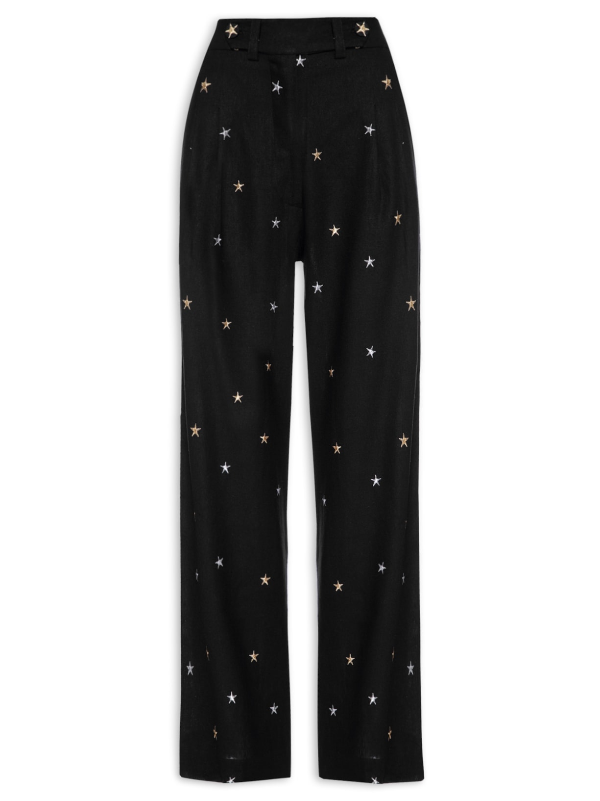 Calça Feminina Linho Bordado Estrela Lurex - Preto