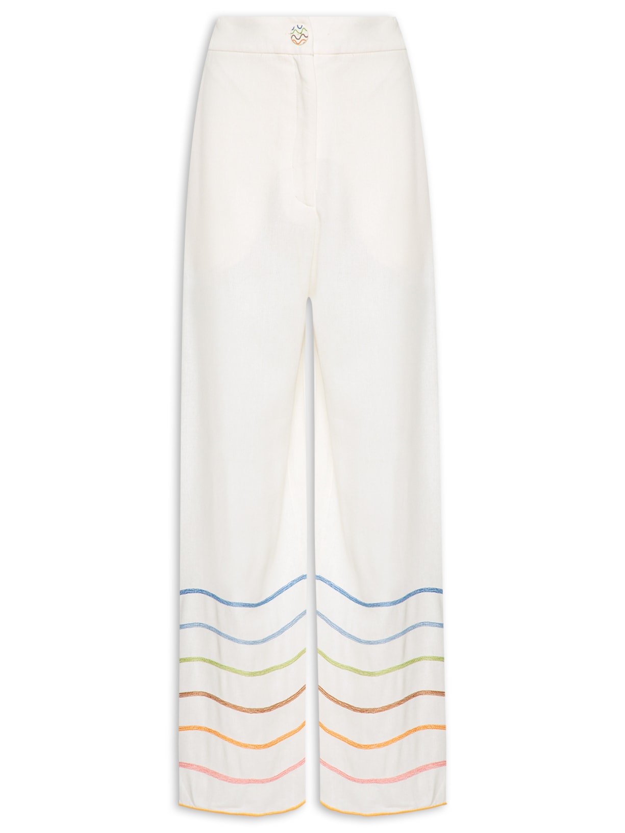 Calça Feminina Linho Bordado Ondas Coloridas - Off White