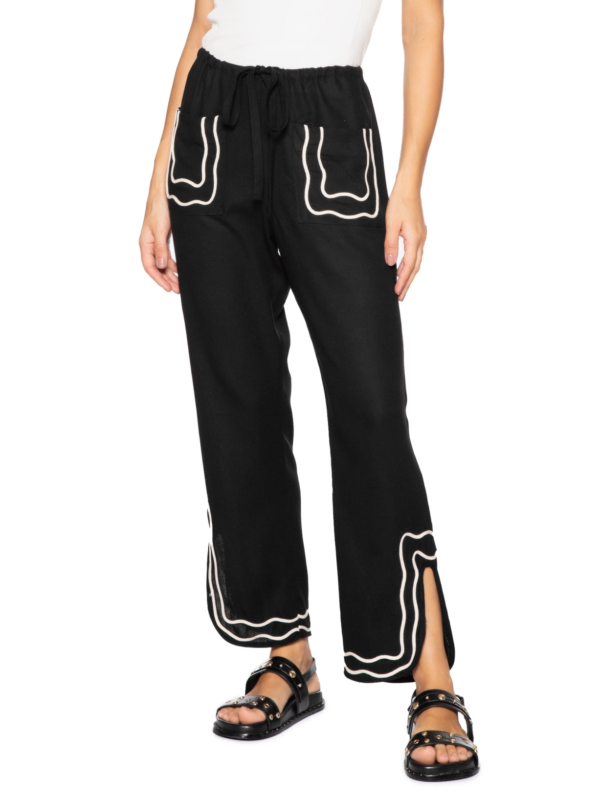 Calça Feminina Linho Bordado Sianinha Preto Dress To