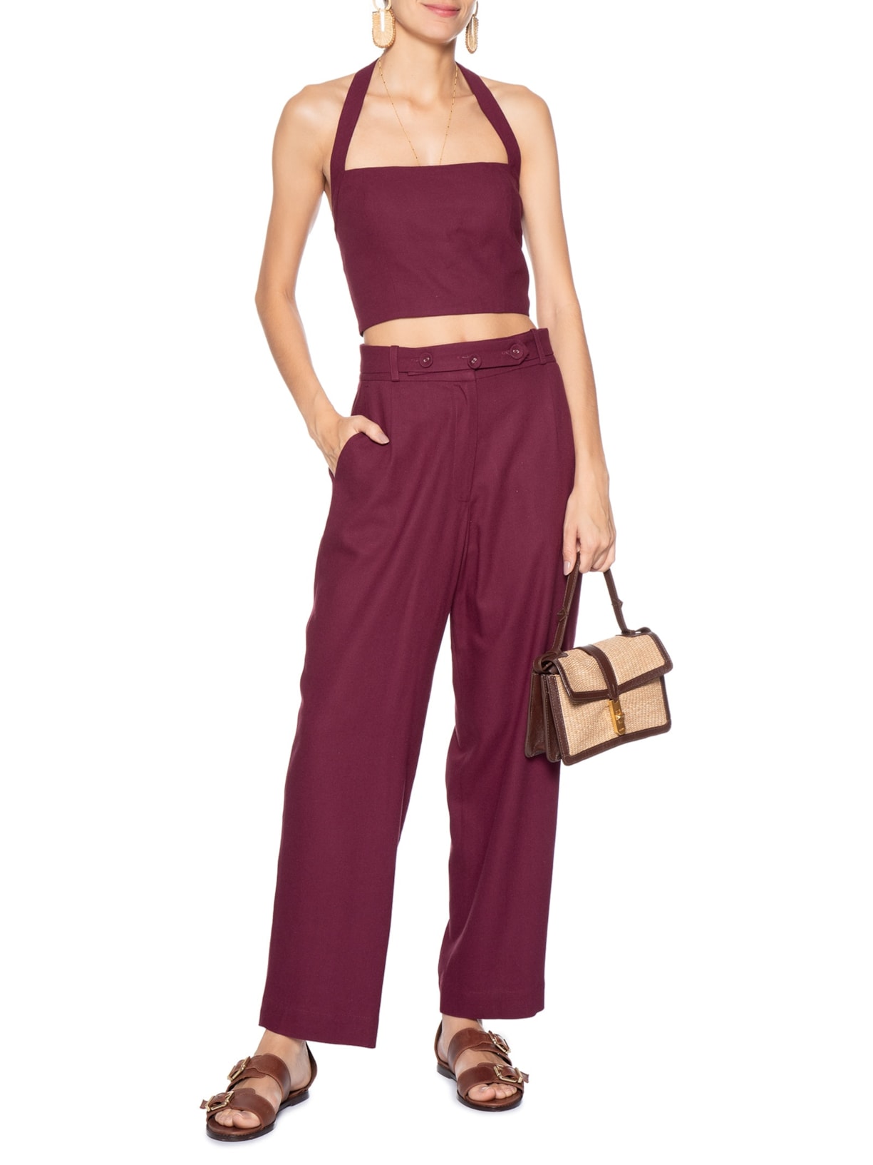 Calça Feminina Linho Cenoura Cós Botão Vermelho Dress To