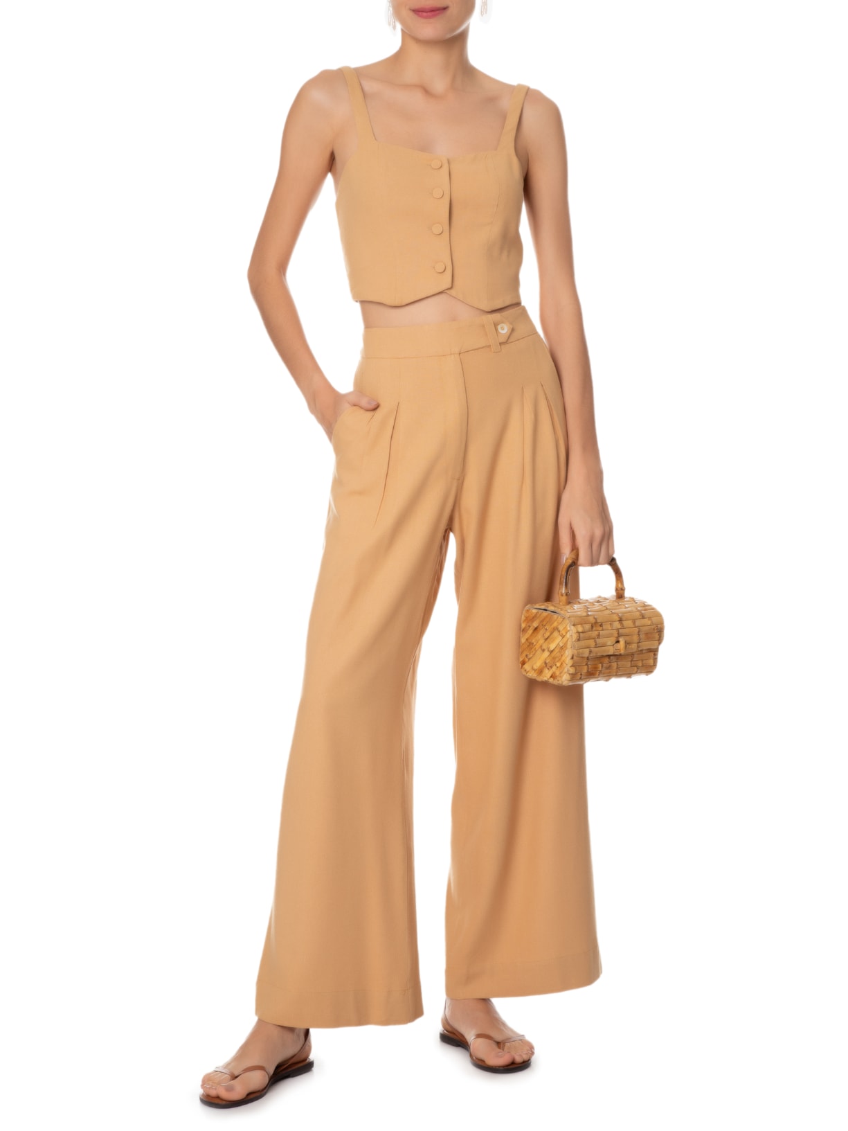 Calça Feminina Linho Cós Transpassado Bege Dress To