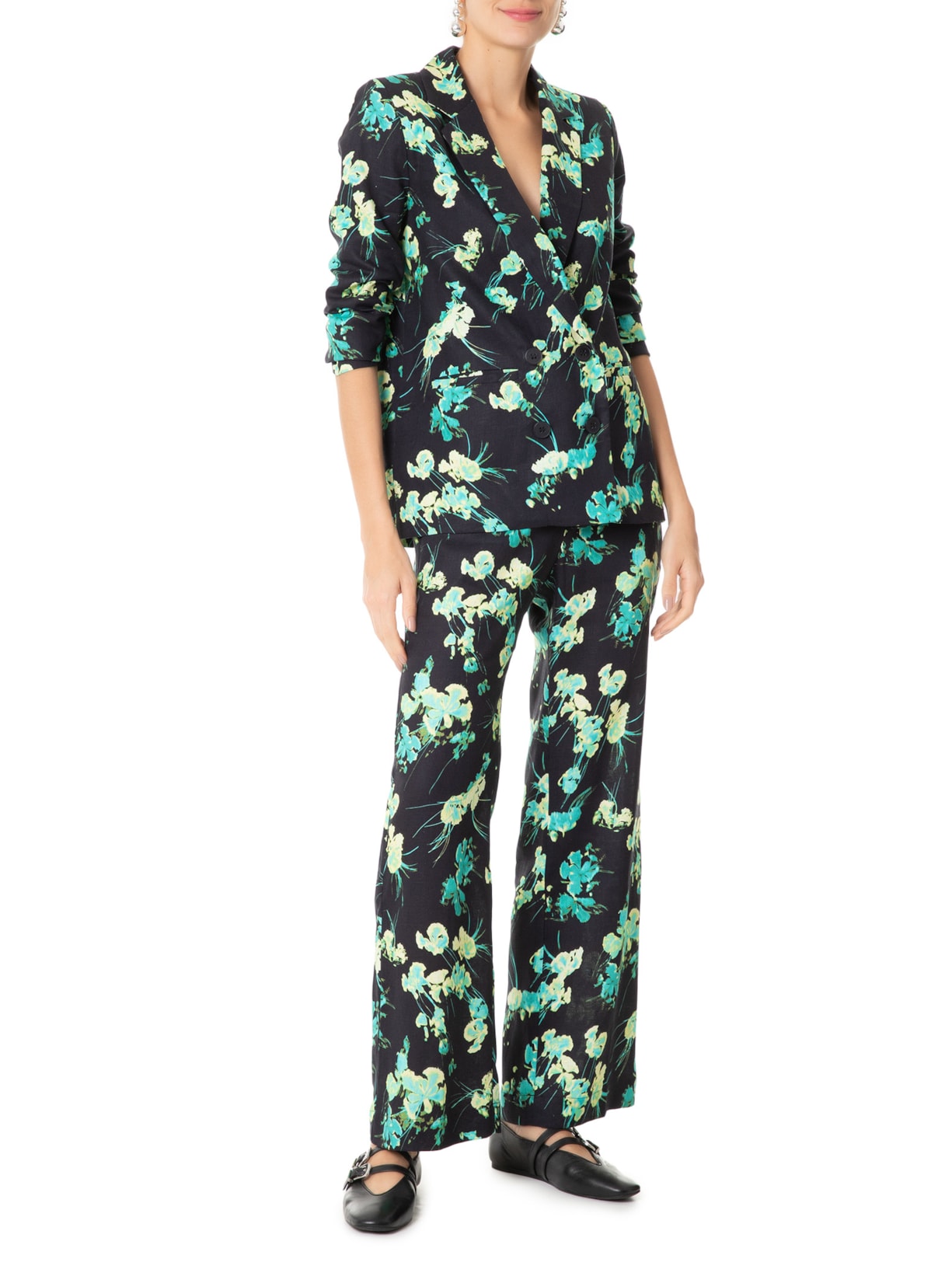Calça Feminina Linho Longa Semi Flare Vinco Preto Andrea Marques
