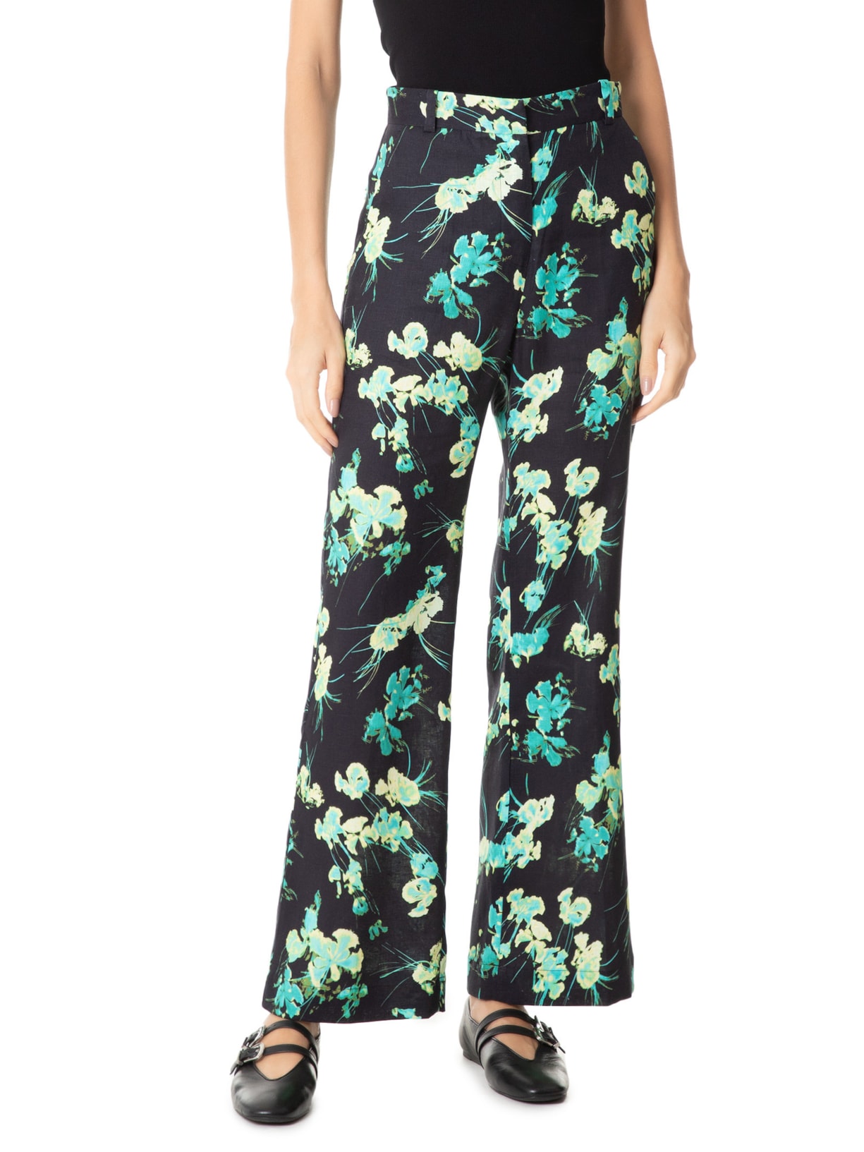 Calça Feminina Linho Longa Semi Flare Vinco Preto Andrea Marques