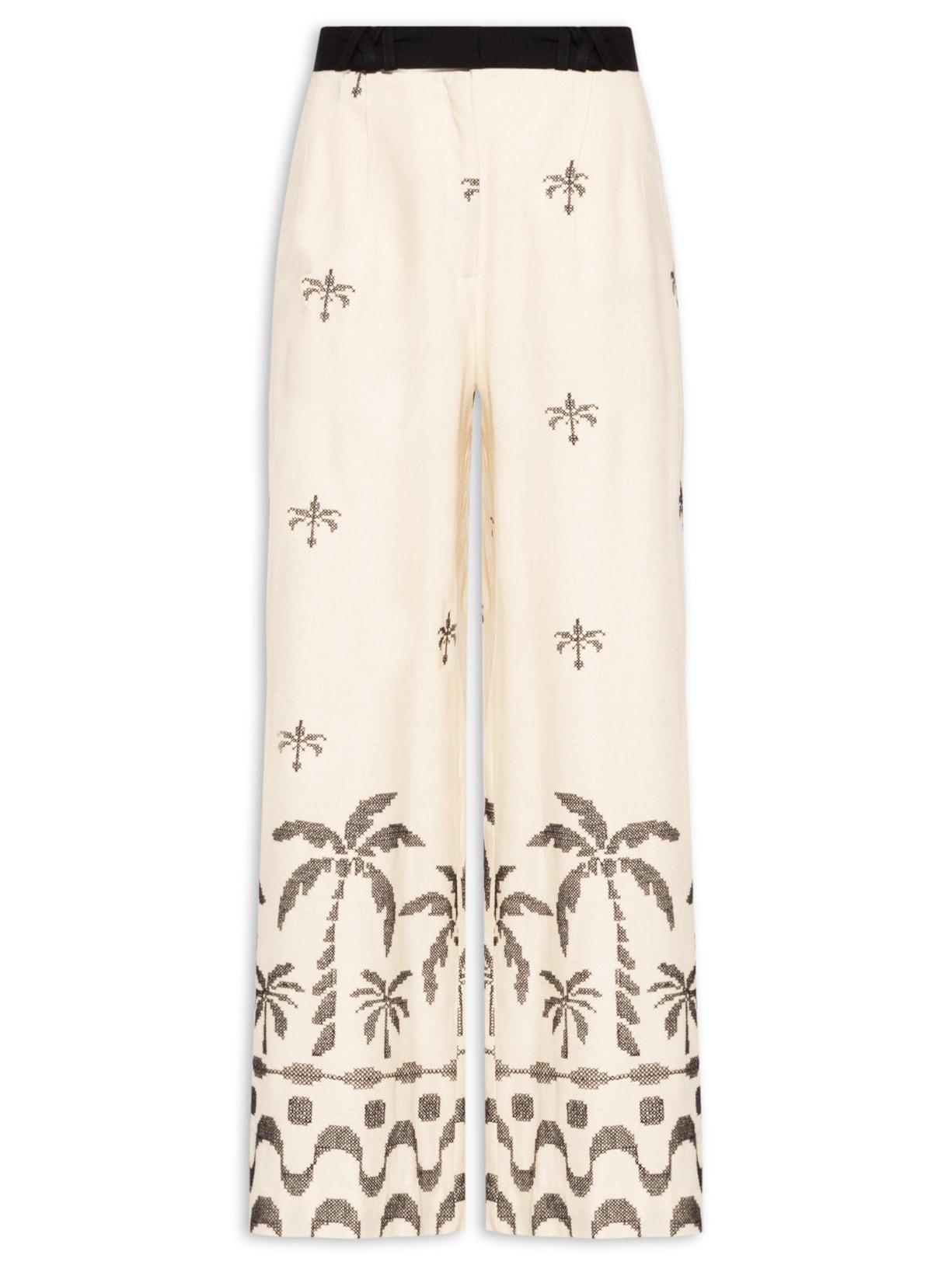 Calça Feminina Linho Pantalona Bordado Orla - Bege