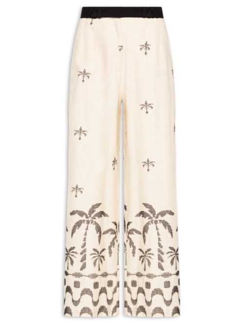 Calça Feminina Linho Pantalona Bordado Orla - Bege