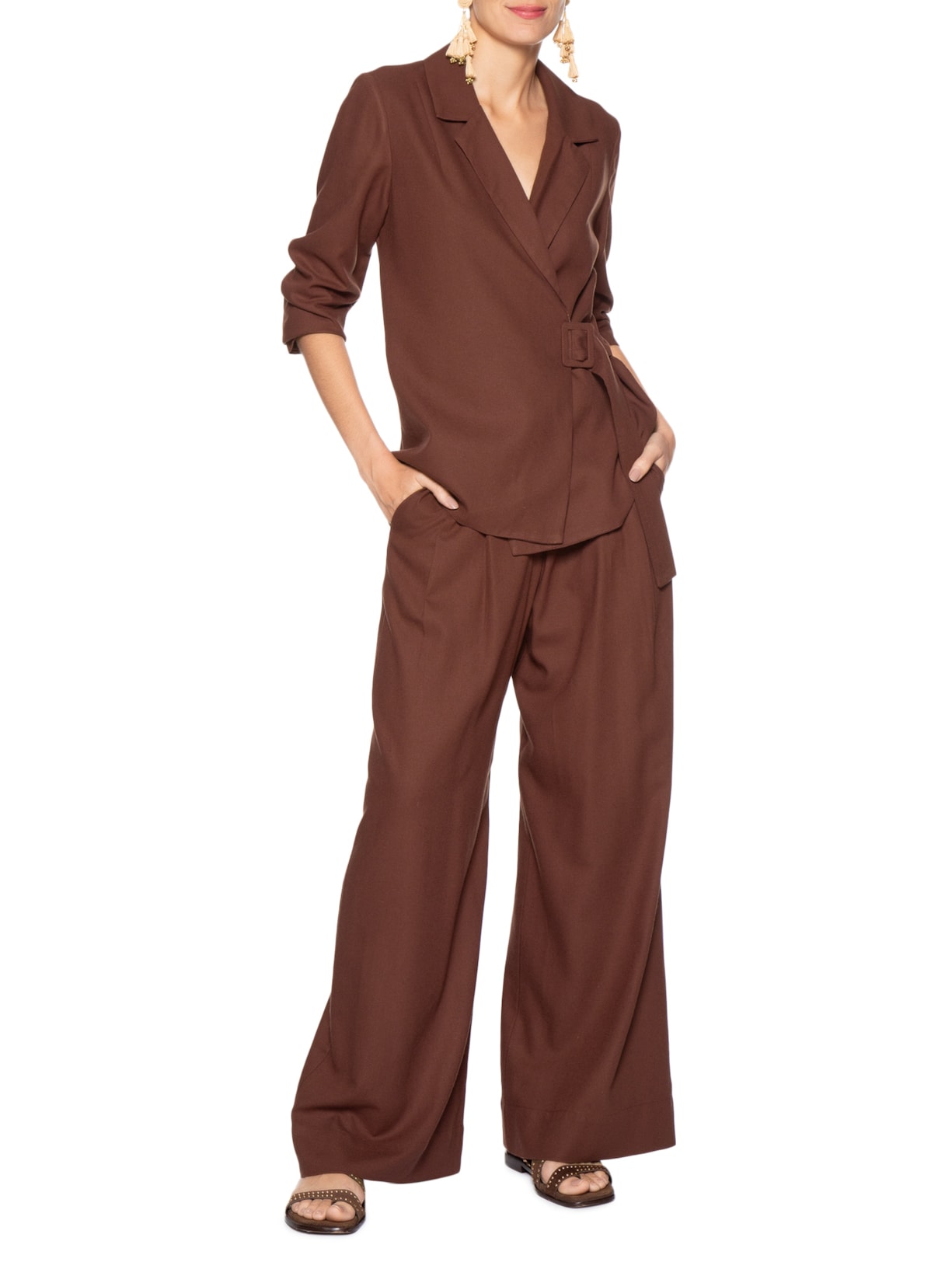 Calça Feminina Linho Pregas Marrom Dress To