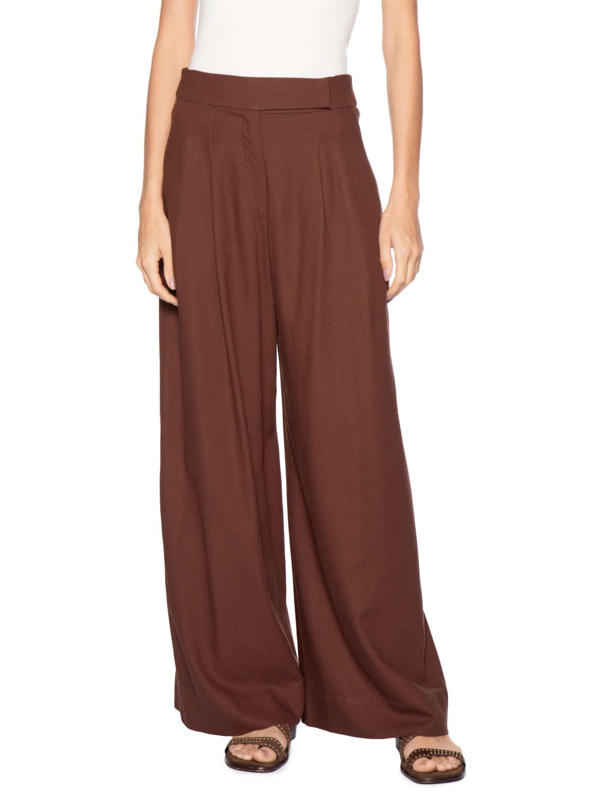 Calça Feminina Linho Pregas Marrom Dress To