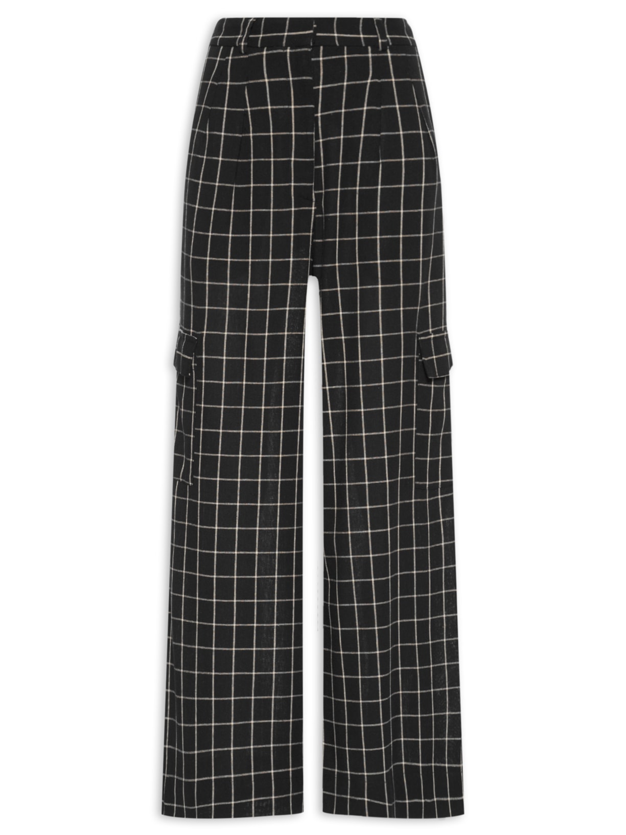 Calça Feminina Linho Xadrez Bolso Lateral - Preto