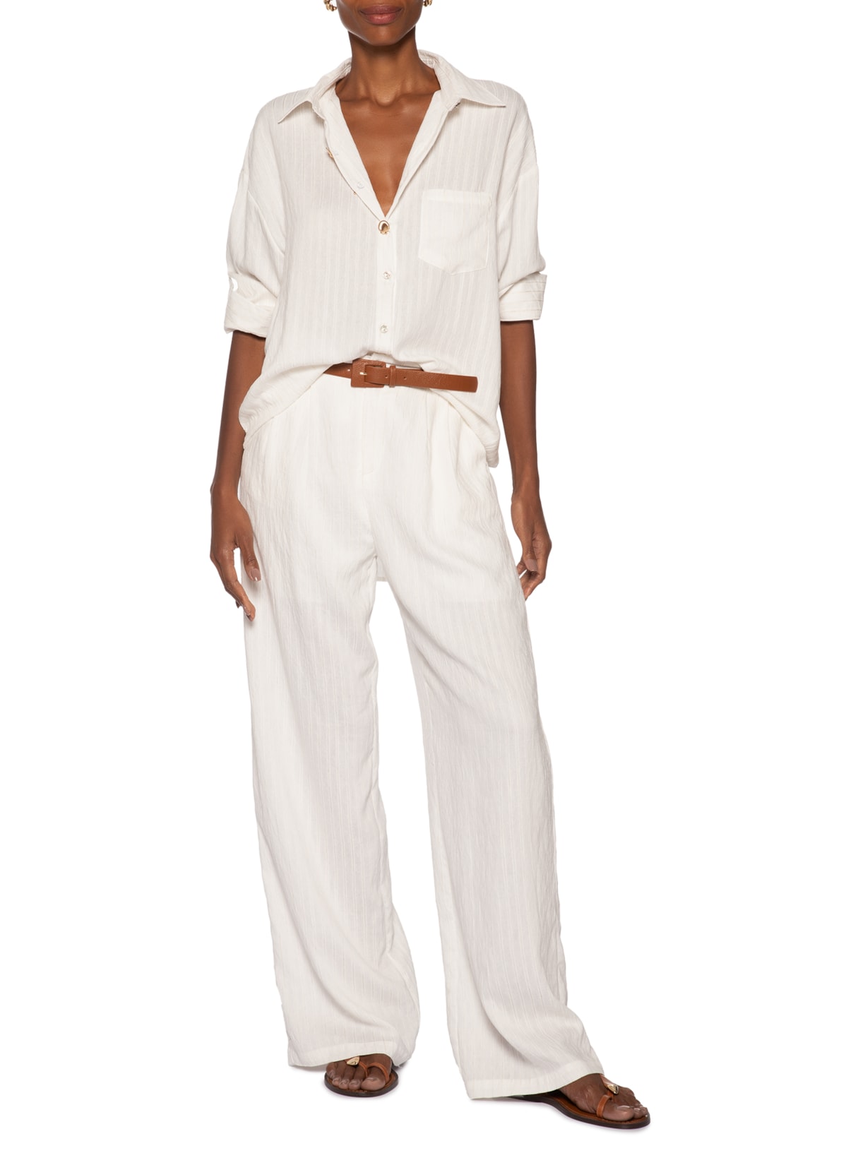 Calça Feminina Listrada Pantalona Branco Basiq