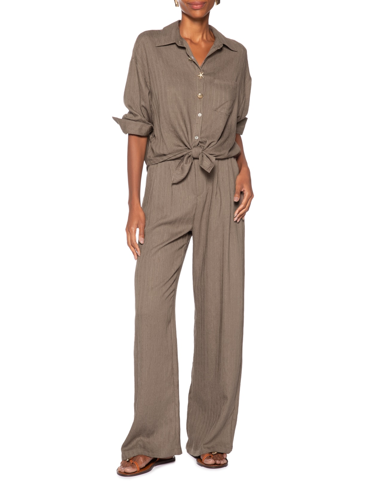 Calça Feminina Listrada Pantalona Marrom Basiq