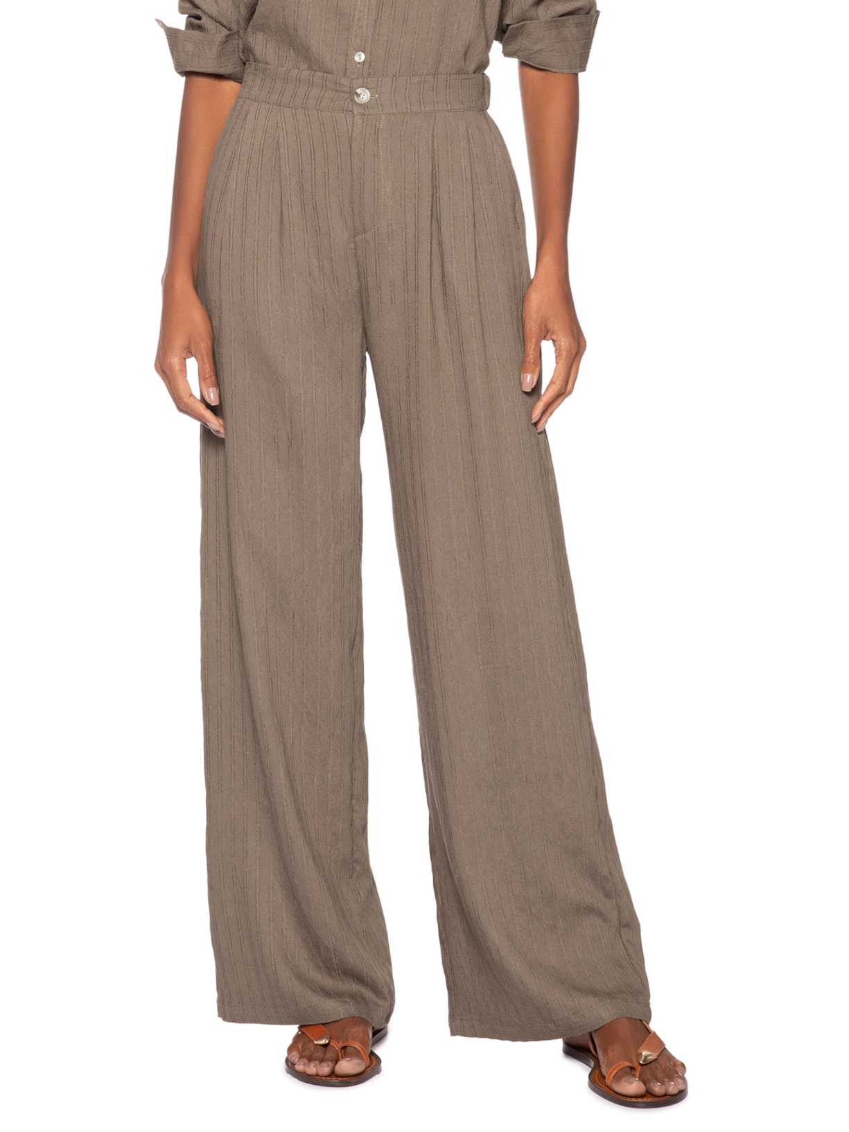 Calça Feminina Listrada Pantalona Marrom Basiq