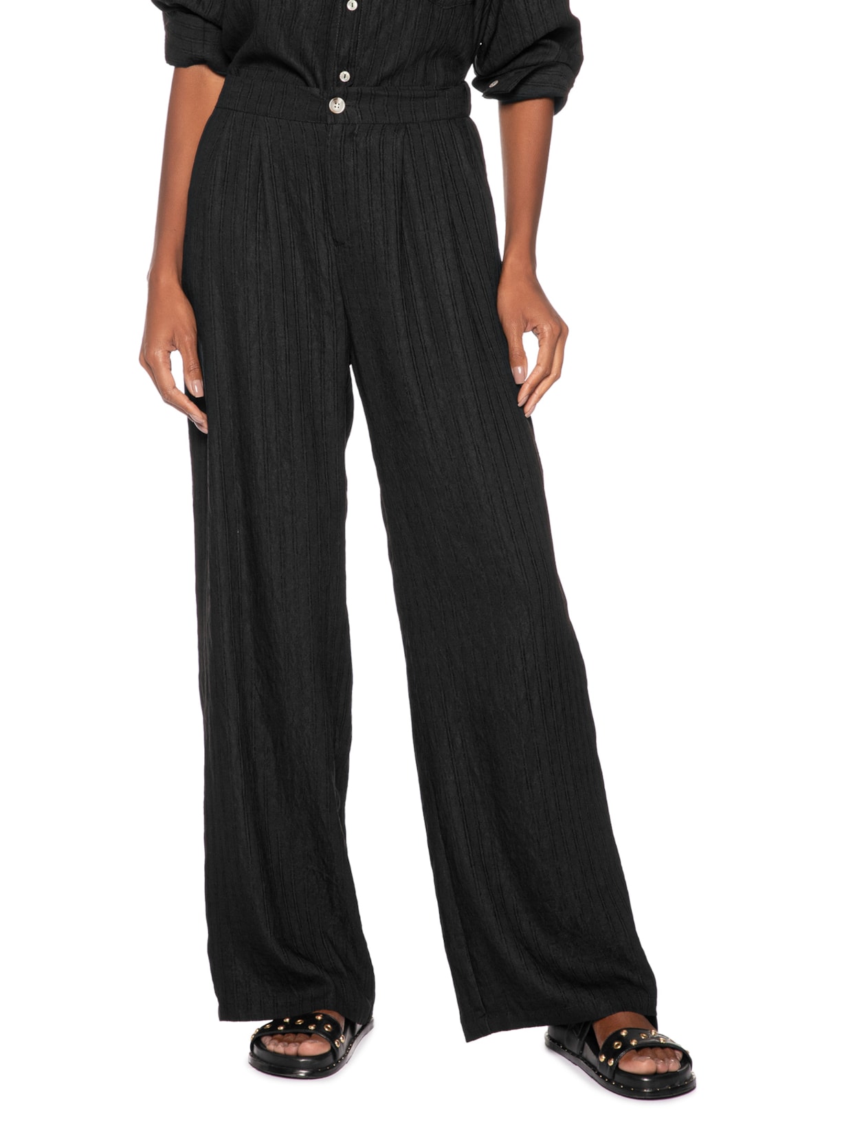 Calça Feminina Listrada Pantalona Preto Basiq