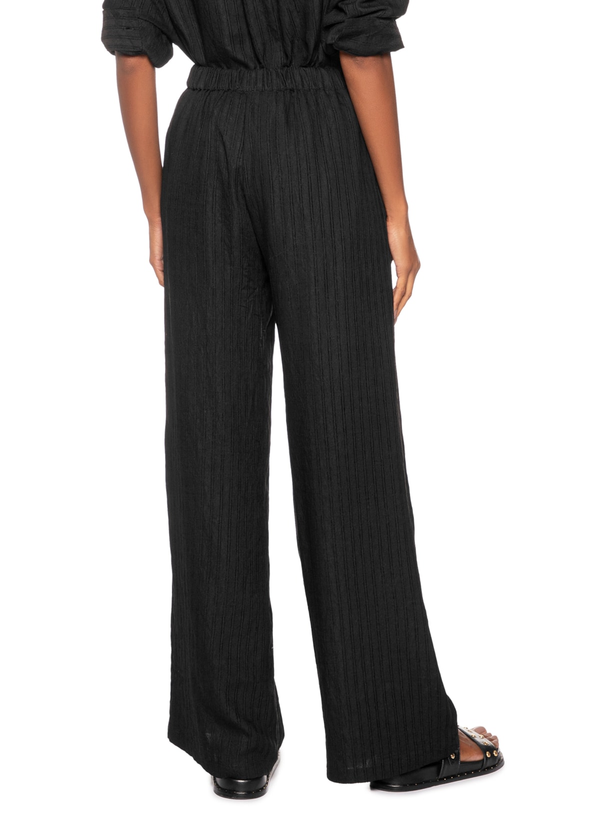 Calça Feminina Listrada Pantalona Preto Basiq