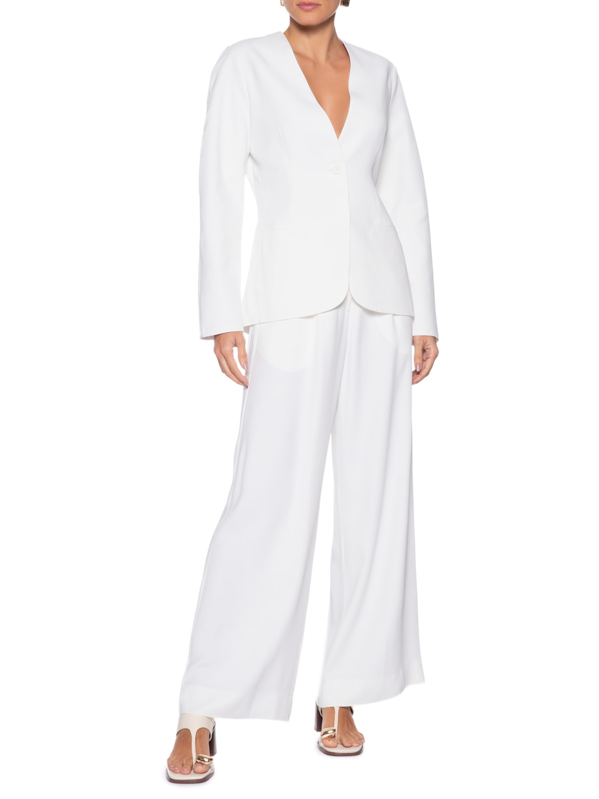 Calça Feminina Longa Ampla Prega Rasa Branco Andrea Marques