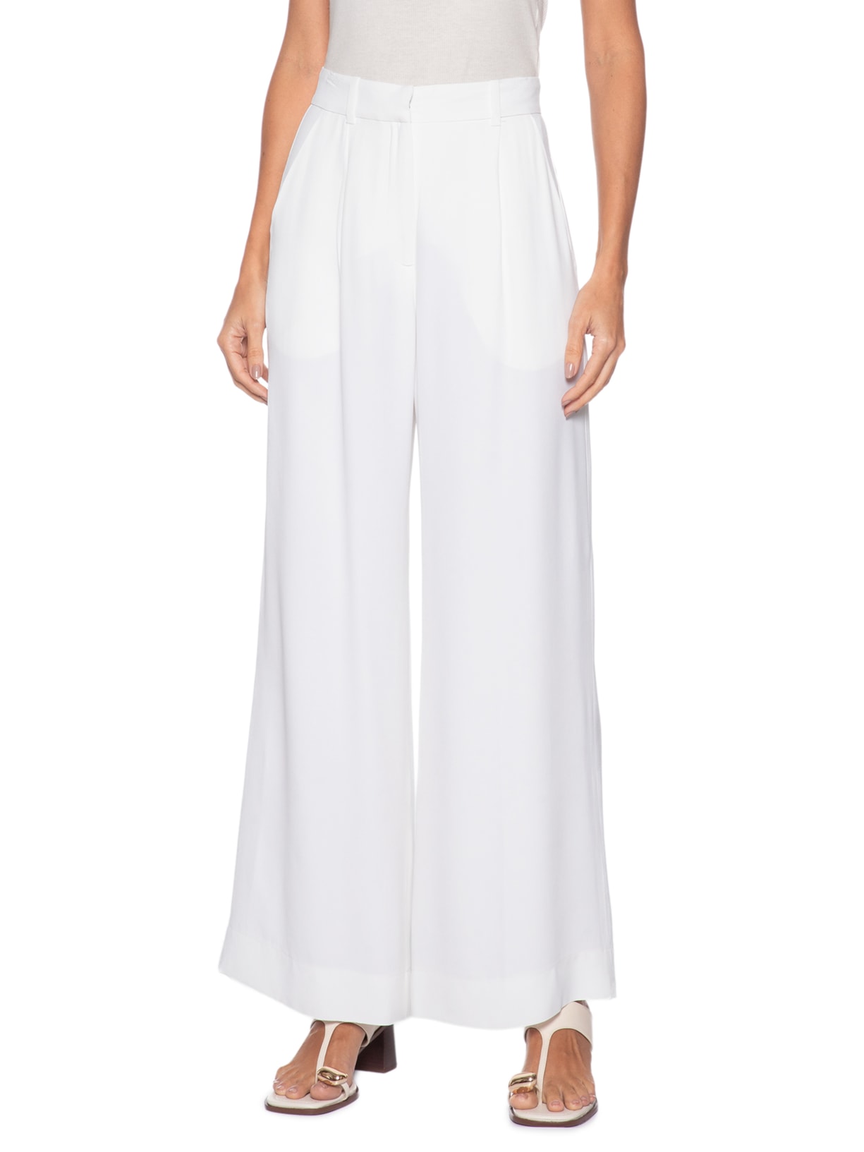 Calça Feminina Longa Ampla Prega Rasa Branco Andrea Marques