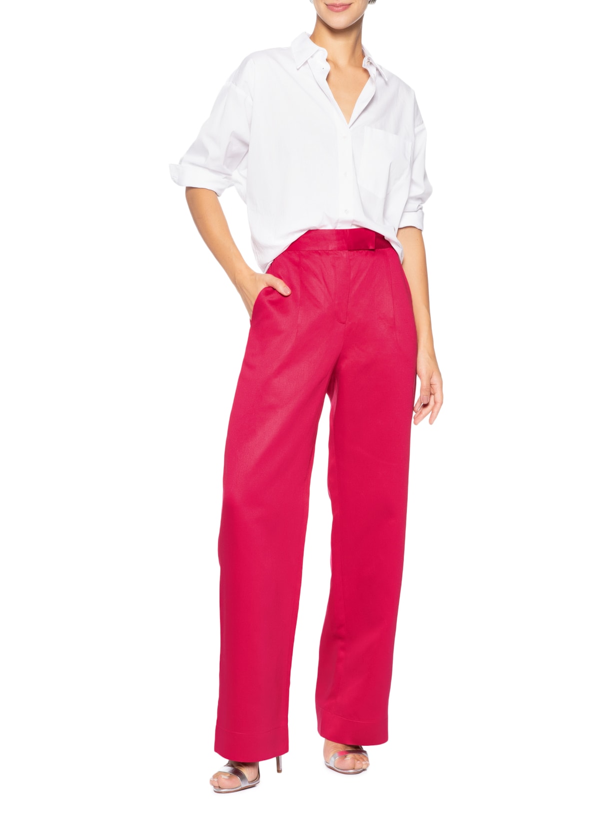 Calça Feminina Longa Prega Rasa Rosa Andrea Marques