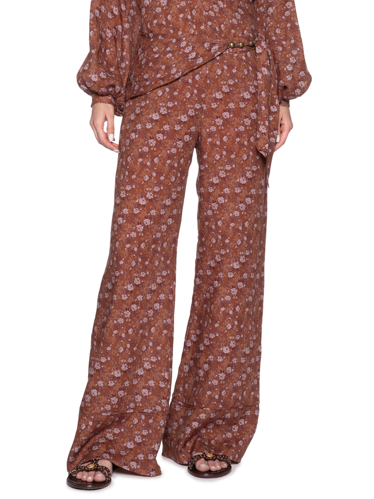 Calça Feminina Metais Estampa Roses Marrom Maria Filó