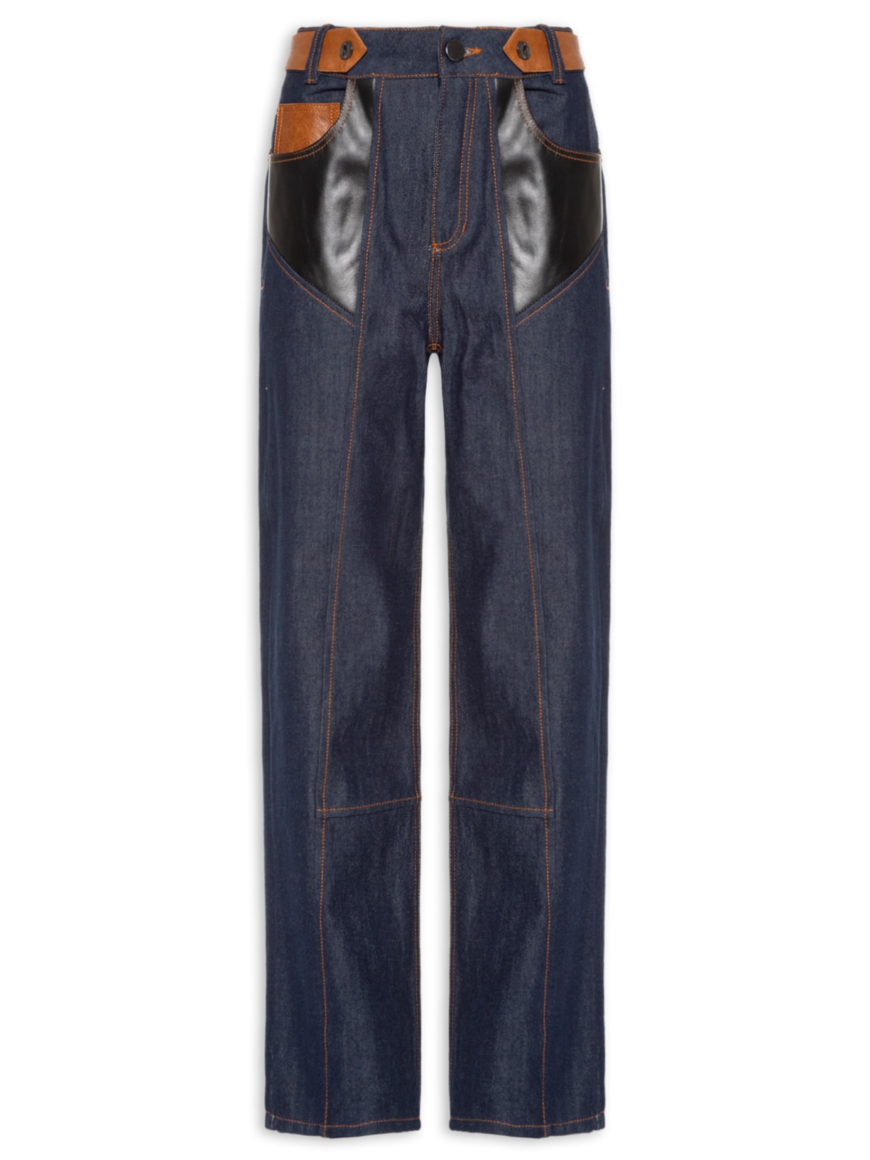 Calça Feminina Mix Couro Com Jeans Raw - Azul