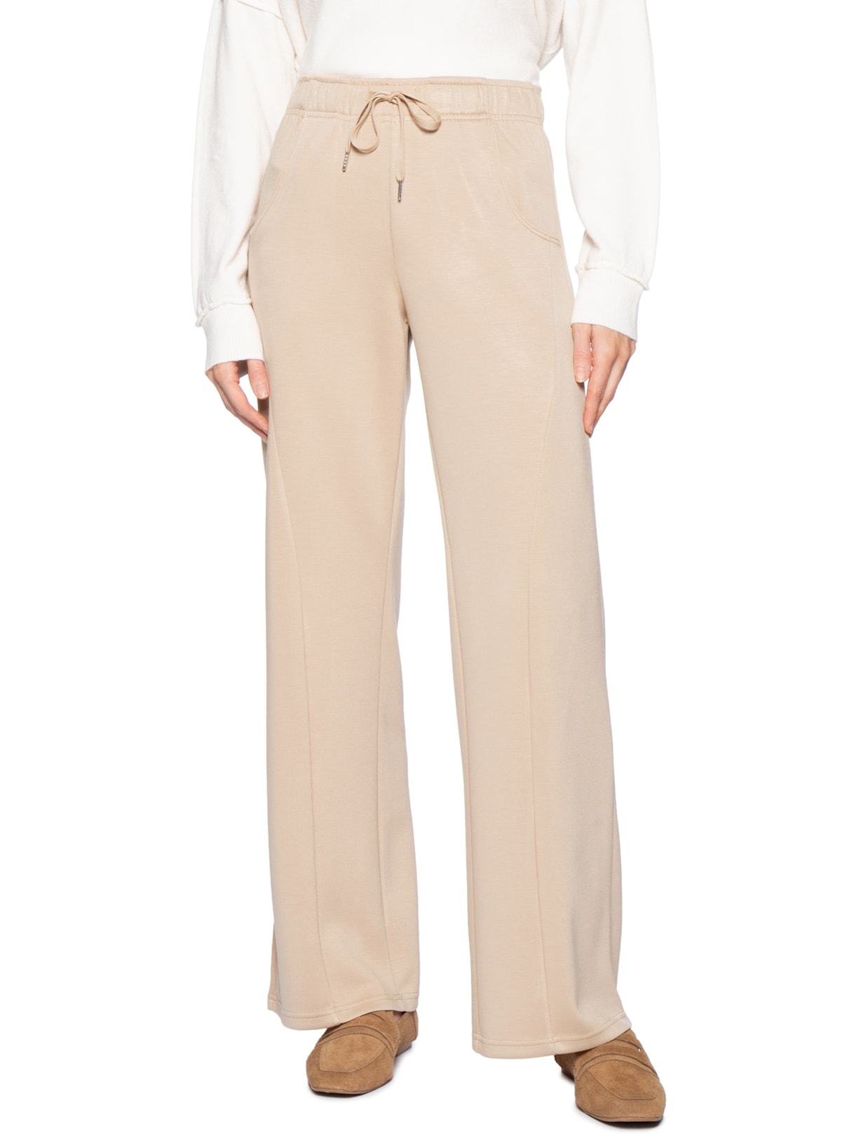 Calça Feminina Moletom Com Bolsos Bege Basiq