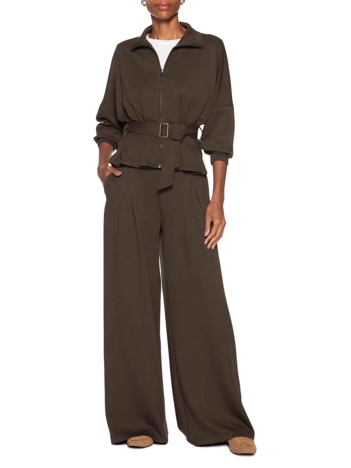 Calça Feminina Moletom com Pregas – Marrom Basiq