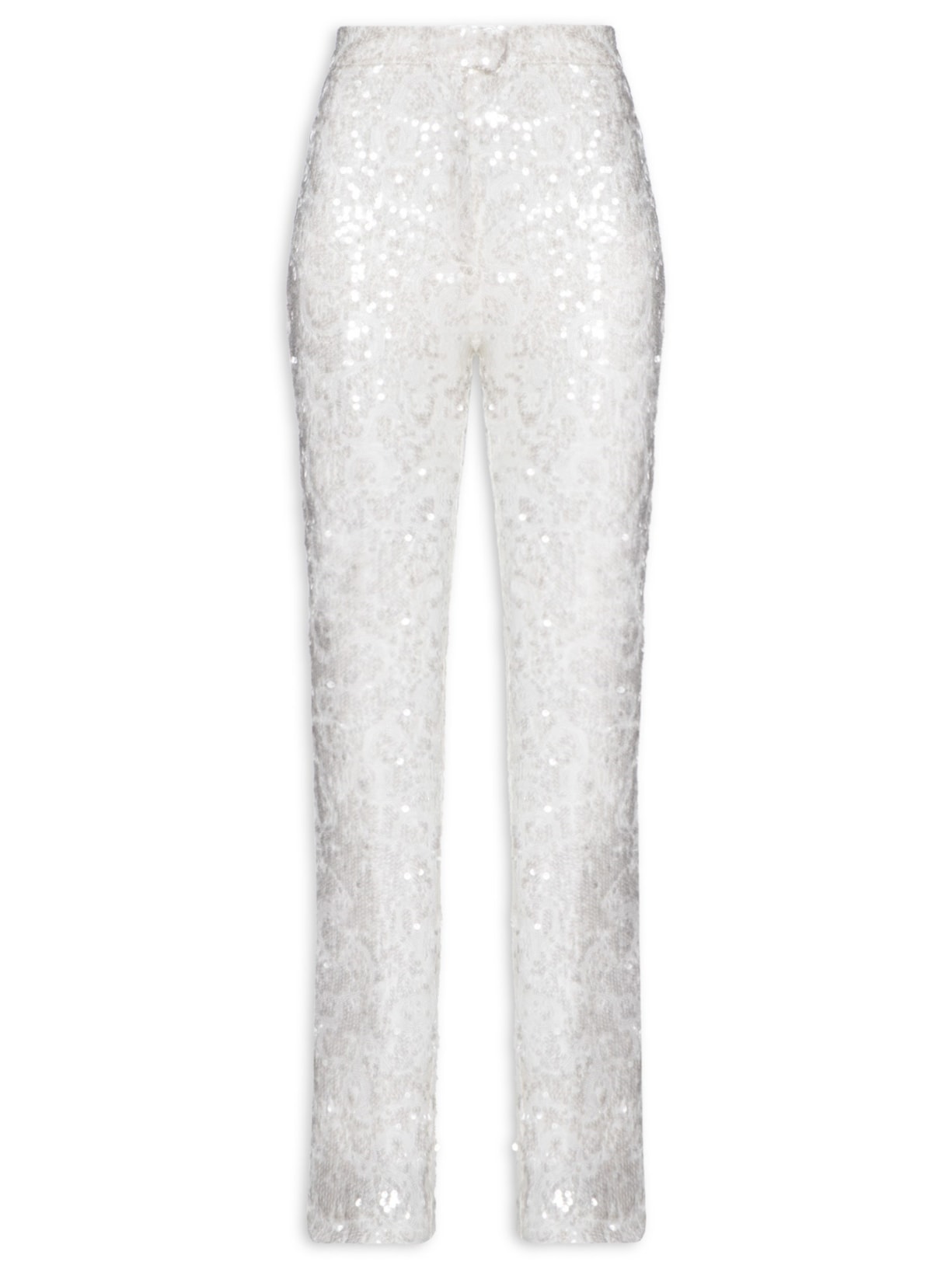 Calça Feminina Paetê Cós Alfaiataria Zíper Barra - Branco