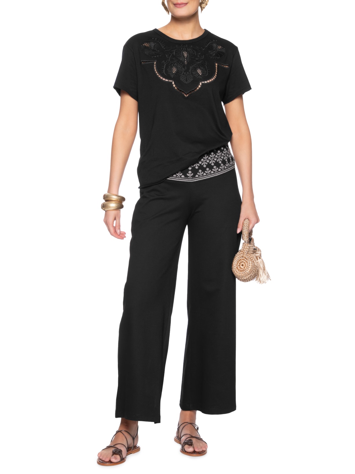 Calça Feminina Pala Bordado Preto Maria Filó