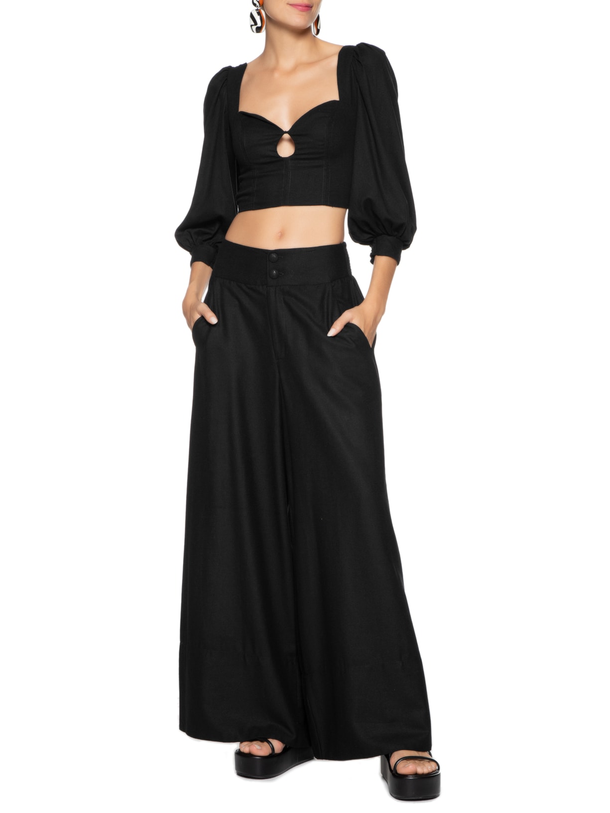 Calça Pantalona Pantacourt Preta Farm Calça Feminina Pantalona