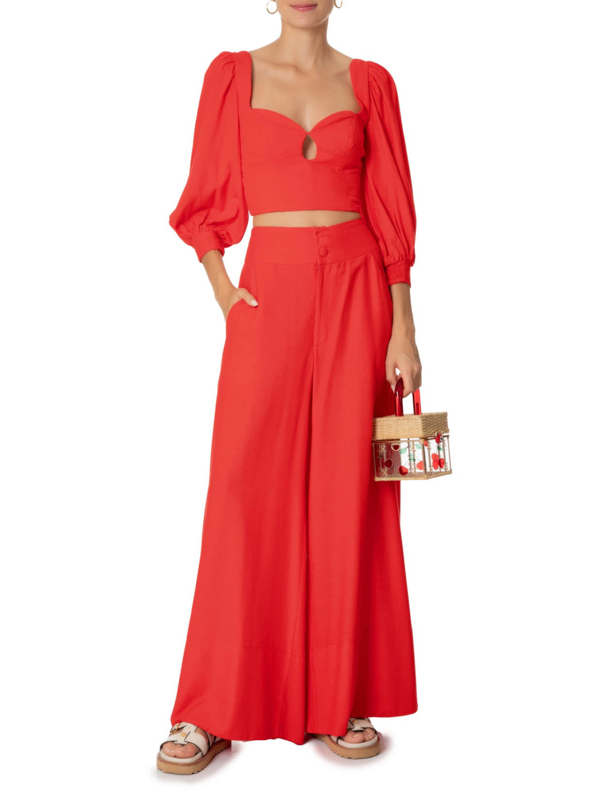 Calça Feminina Pantalona Barra Larga Vermelho Farm