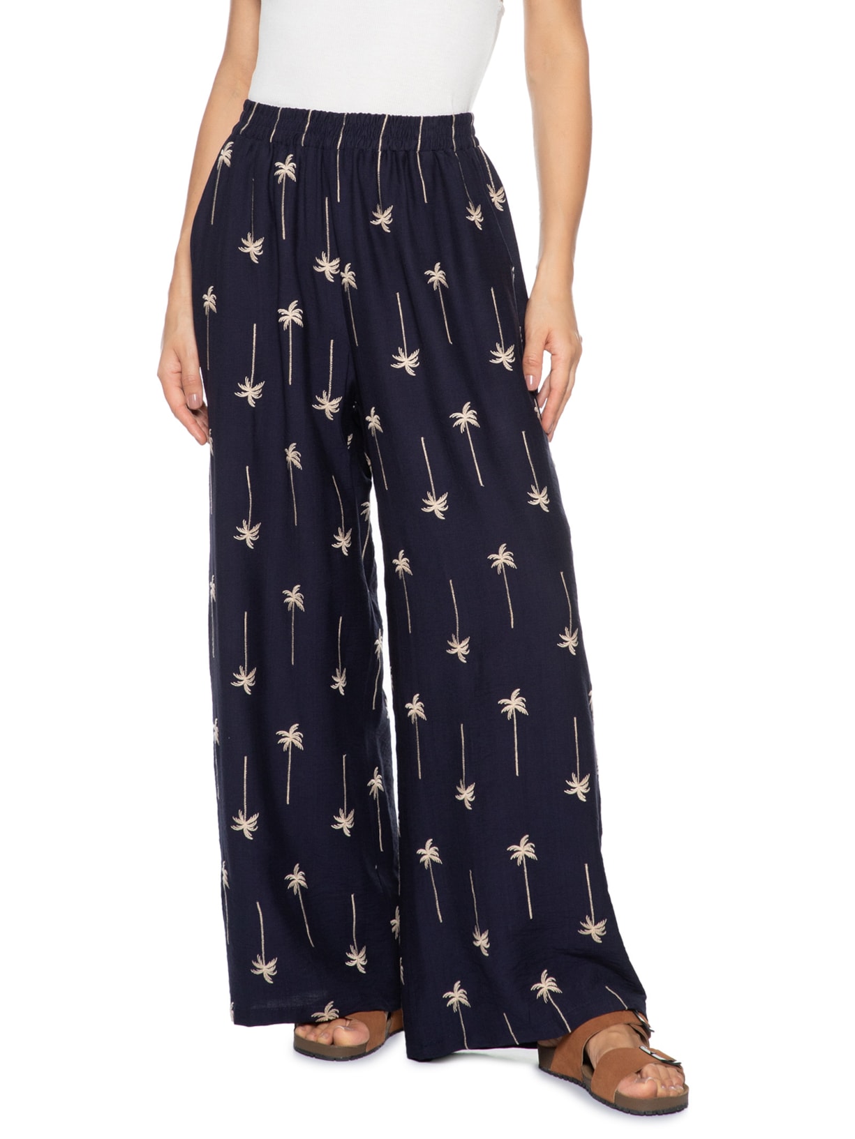 Calça Feminina Pantalona Bordada Azul Market 33