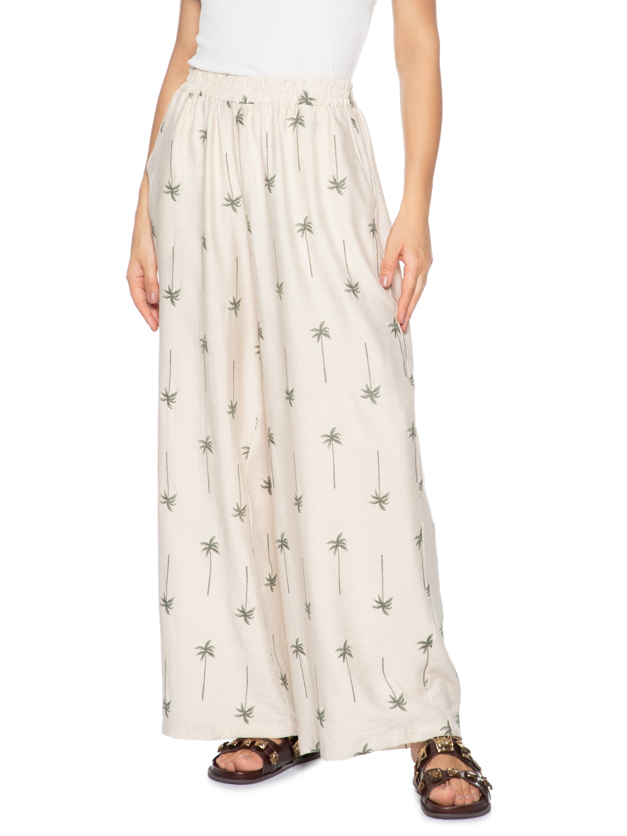 Calça Feminina Pantalona Bordada Bege Market 33