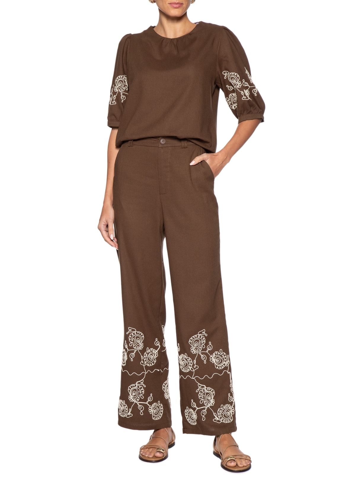 Calça Feminina Pantalona Bordada Marrom '2Essential