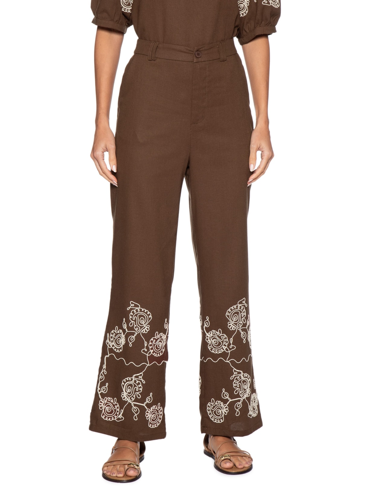 Calça Feminina Pantalona Bordada Marrom '2Essential