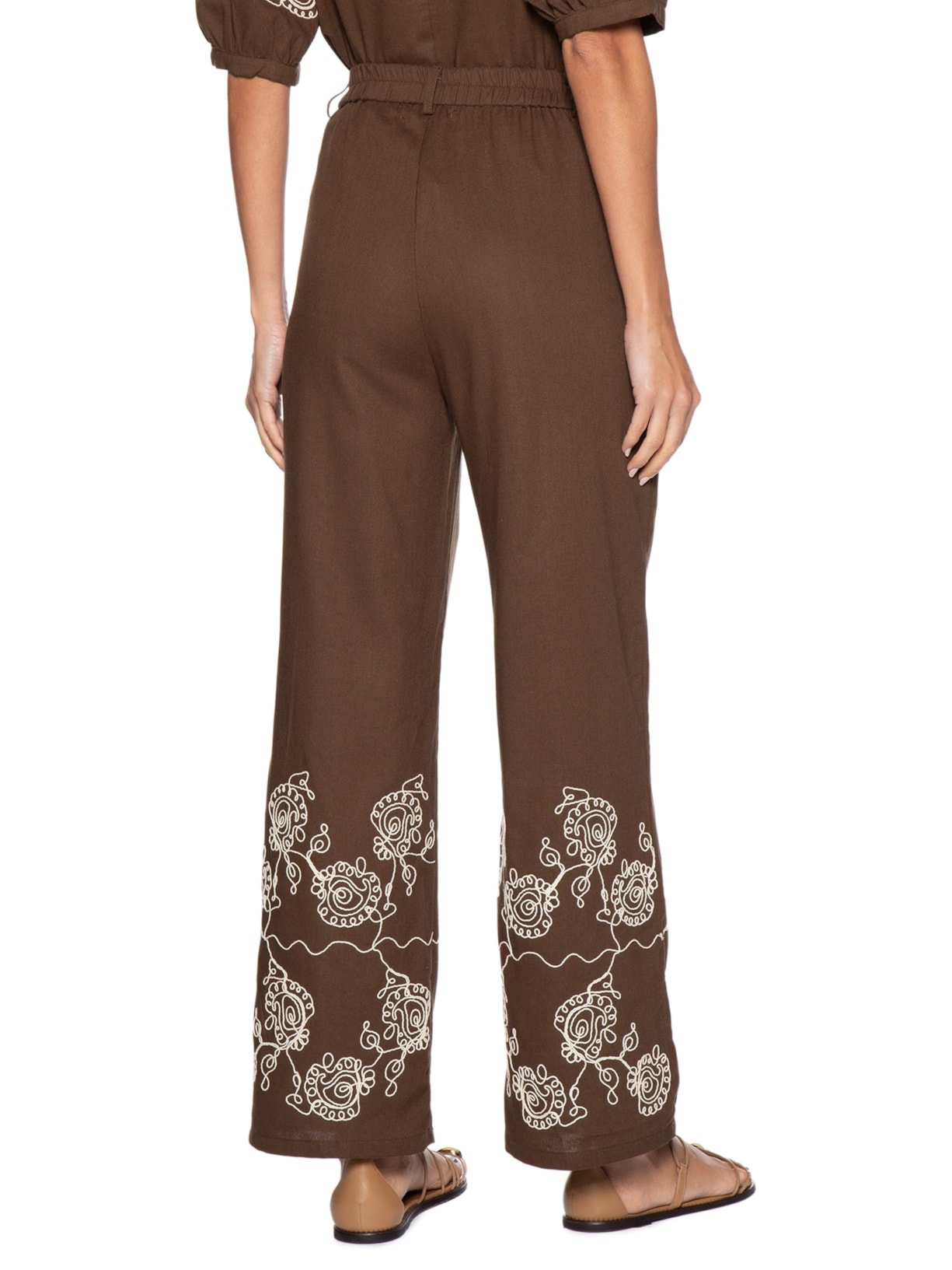 Calça Feminina Pantalona Bordada Marrom '2Essential