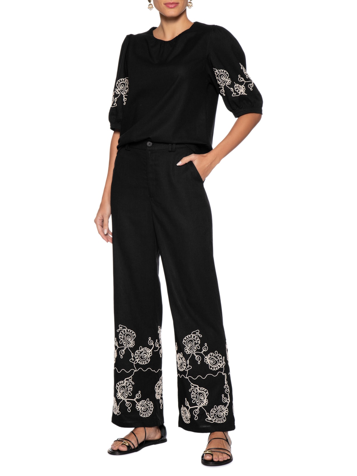 Calça Feminina Pantalona Bordada Preto '2Essential