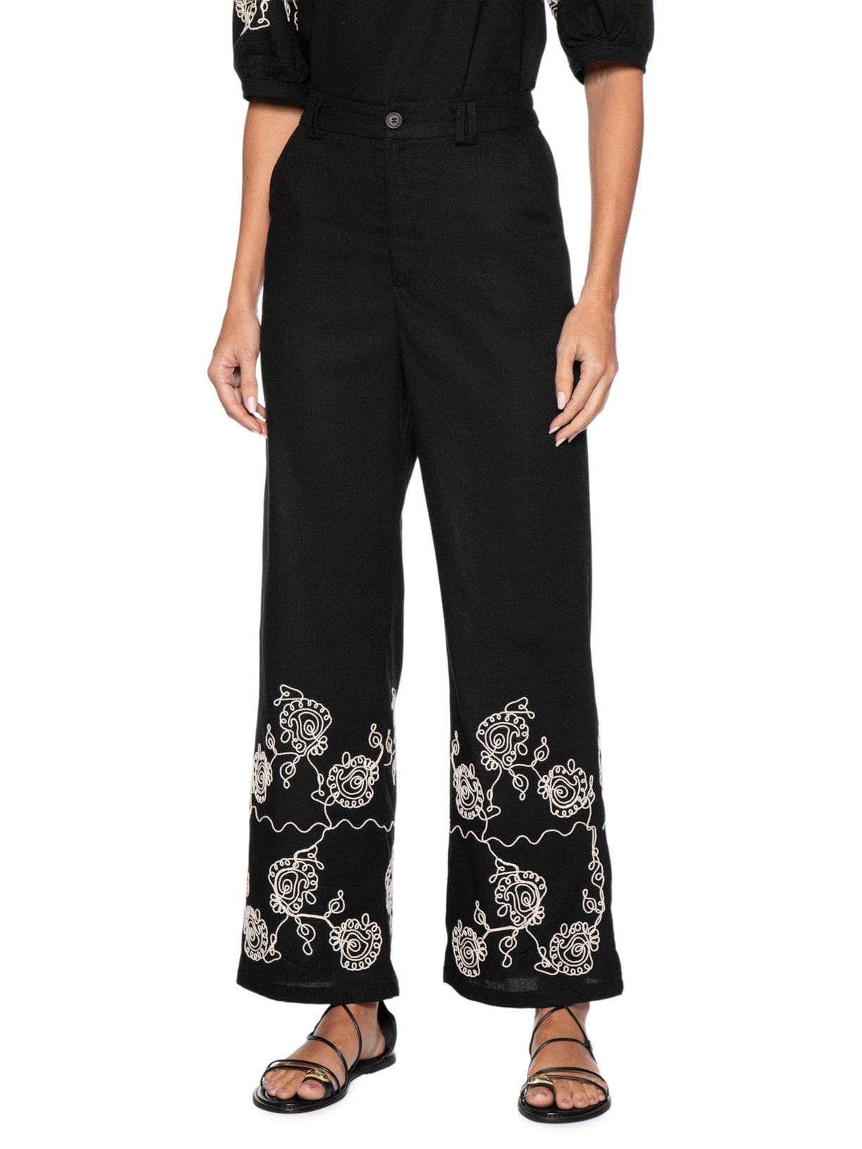 Calça Feminina Pantalona Bordada Preto '2Essential