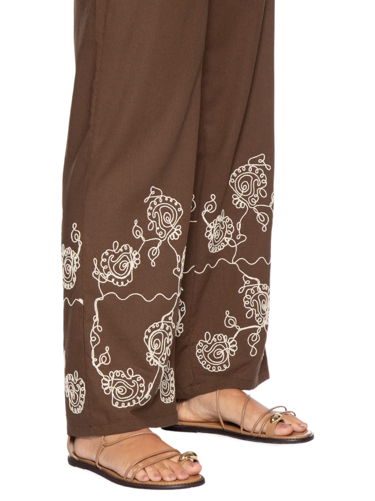 Calça Feminina Pantalona Bordada – Marrom '2Essential